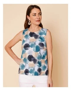 Sleeveless Shell Top With Deep Hem In Blues Watercolour Spots