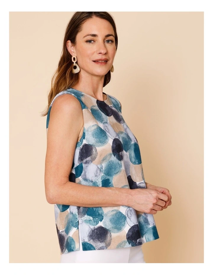 Sleeveless Shell Top With Deep Hem In Blues Watercolour Spots image 2