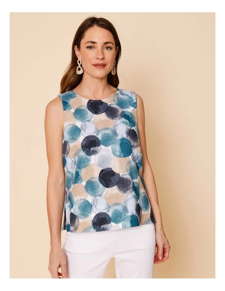 Sleeveless Shell Top With Deep Hem In Blues Watercolour Spots image 5