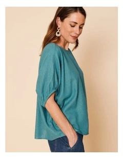 Elastic Cuff Extended Sleeve Top In Teal Texture