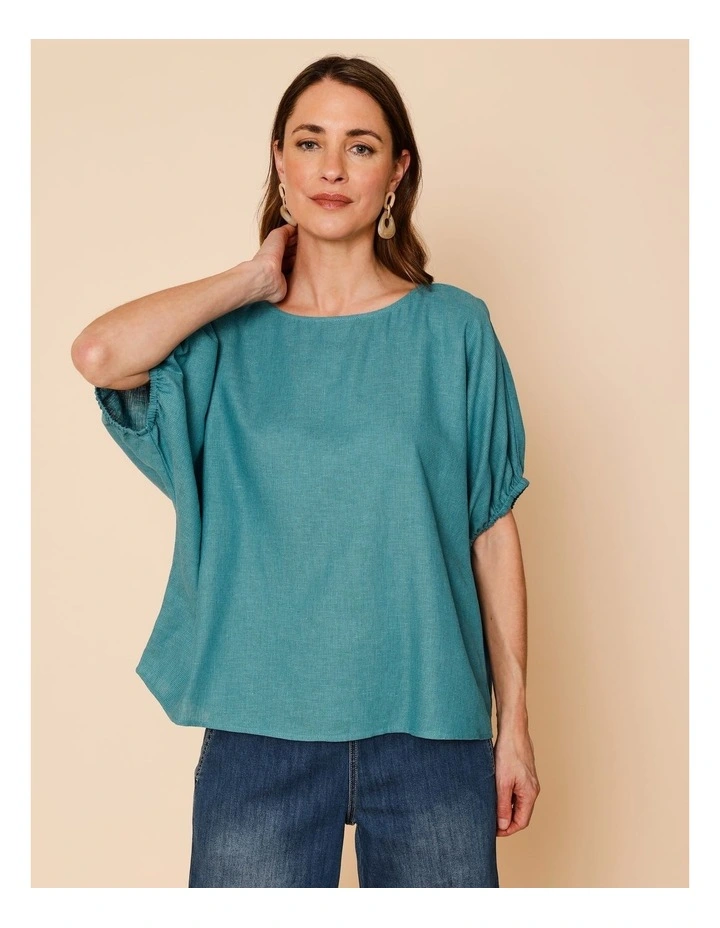 Elastic Cuff Extended Sleeve Top In Teal Texture image 2