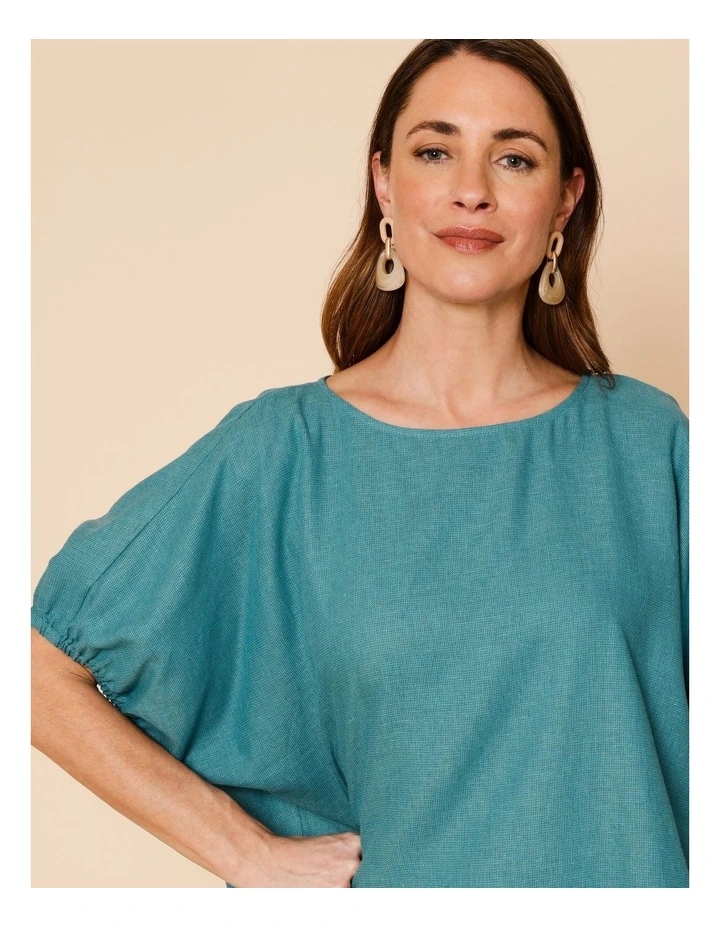 Elastic Cuff Extended Sleeve Top In Teal Texture image 4