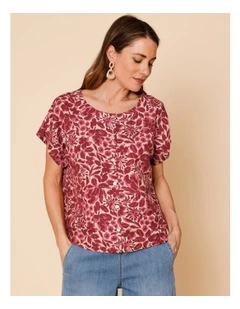 Cap Sleeve Button Through Top In Burgundy/Pinks Floral