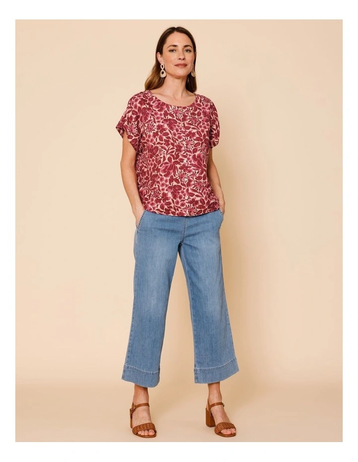 Cap Sleeve Button Through Top In Burgundy/Pinks Floral image 2