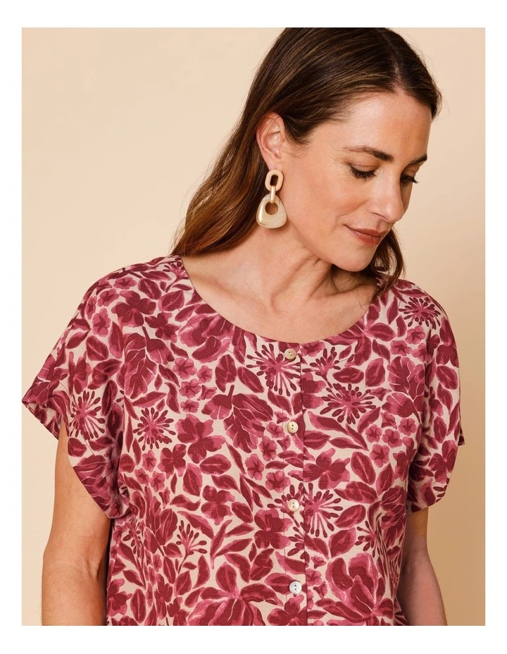 Cap Sleeve Button Through Top In Burgundy/Pinks Floral image 3