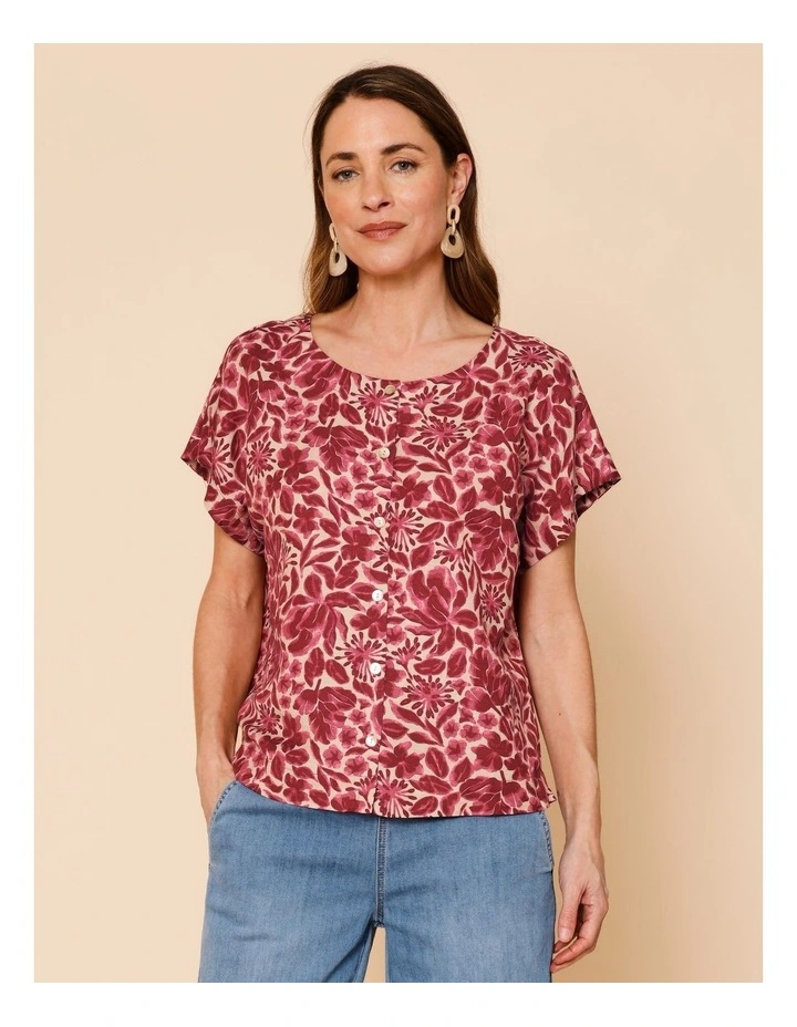 Cap Sleeve Button Through Top In Burgundy/Pinks Floral image 4