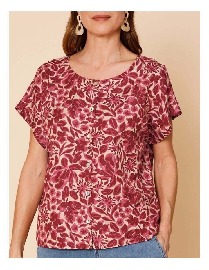 Cap Sleeve Button Through Top In Burgundy/Pinks Floral image 5