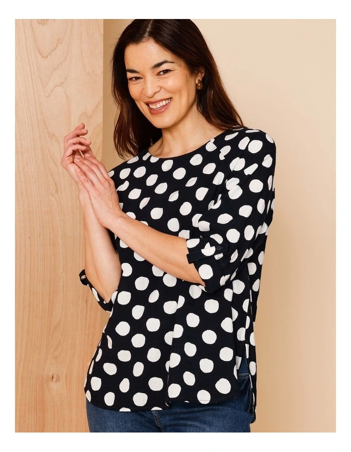 3/4 Roll Sleeve Top With Shaped Hem In Navy/White Spot image 1