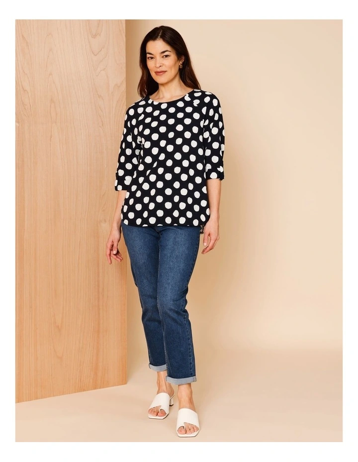 3/4 Roll Sleeve Top With Shaped Hem In Navy/White Spot image 2