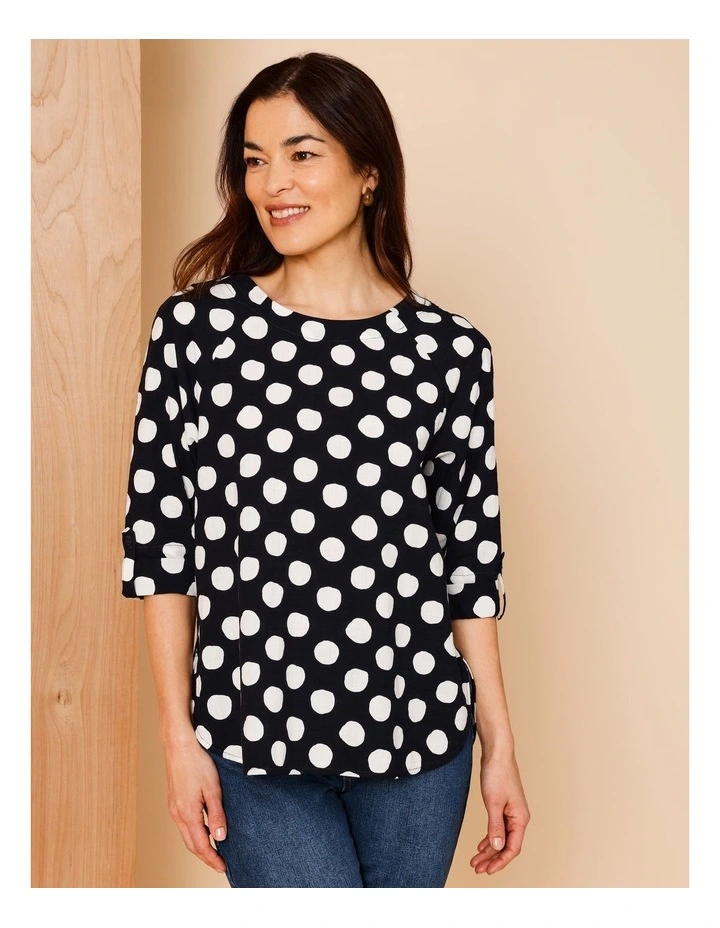 3/4 Roll Sleeve Top With Shaped Hem In Navy/White Spot image 3