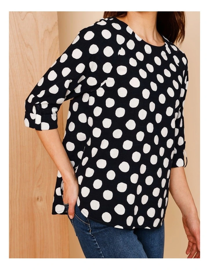 3/4 Roll Sleeve Top With Shaped Hem In Navy/White Spot image 6