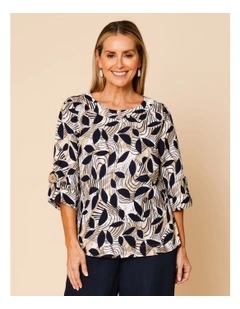 3/4 Sleeve Top With Cuff With Large Button In Neutral/White/Navy Abstract