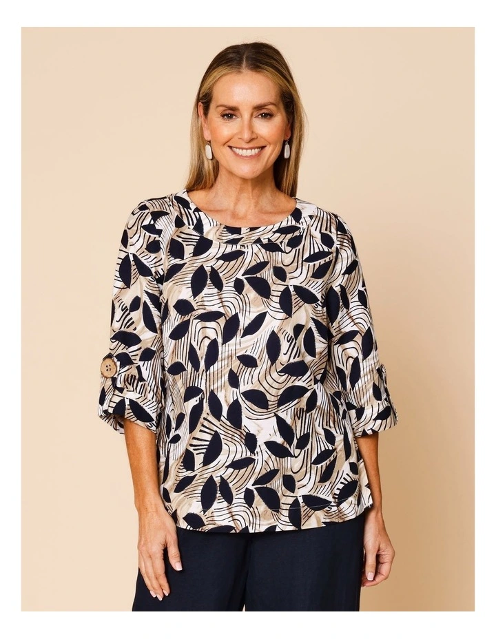 3/4 Sleeve Top With Cuff With Large Button In Neutral/White/Navy Abstract image 1