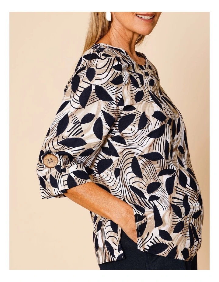 3/4 Sleeve Top With Cuff With Large Button In Neutral/White/Navy Abstract image 2