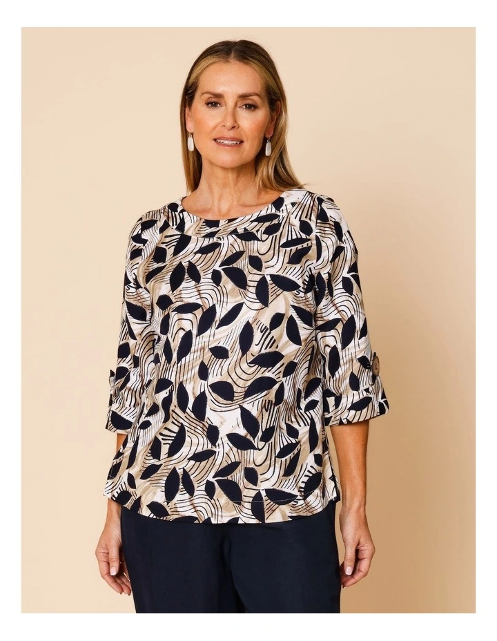 3/4 Sleeve Top With Cuff With Large Button In Neutral/White/Navy Abstract image 4