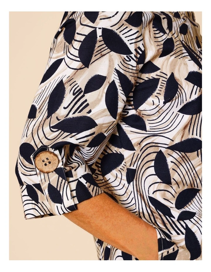 3/4 Sleeve Top With Cuff With Large Button In Neutral/White/Navy Abstract image 5