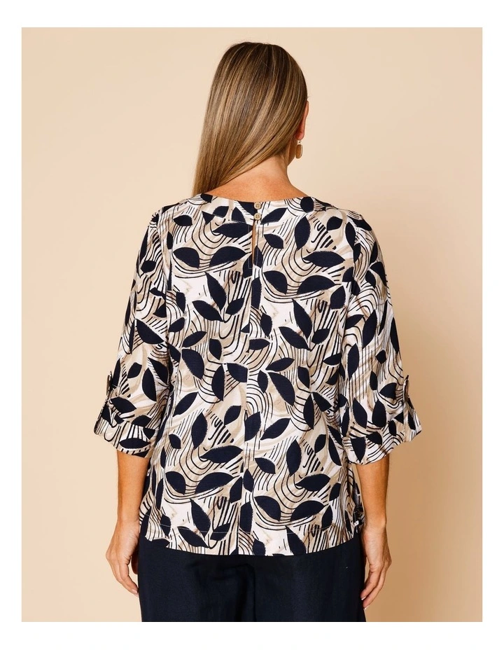 3/4 Sleeve Top With Cuff With Large Button In Neutral/White/Navy Abstract image 6