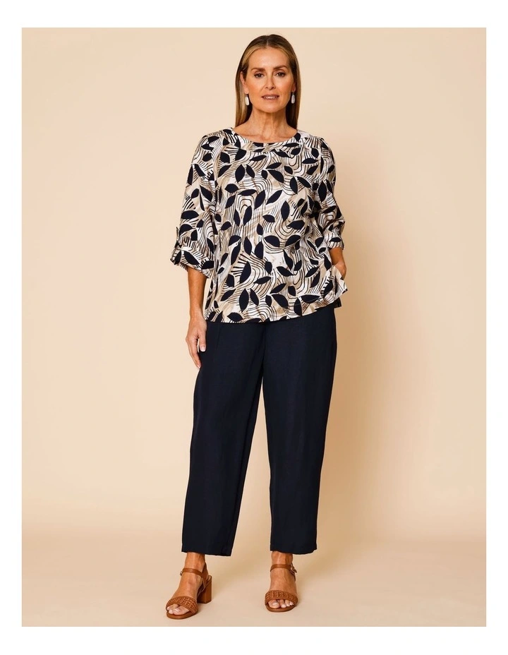 3/4 Sleeve Top With Cuff With Large Button In Neutral/White/Navy Abstract image 7