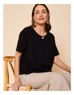 Short Sleeve Top With Button Neck In Black