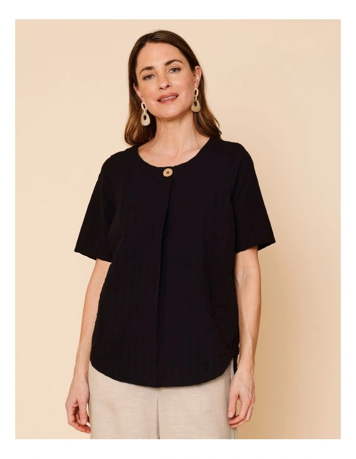 Short Sleeve Top With Button Neck In Black image 3