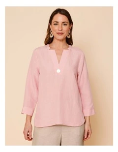 V Neck 3/4 Sleeve Top With Stand Collar In Powder Pink