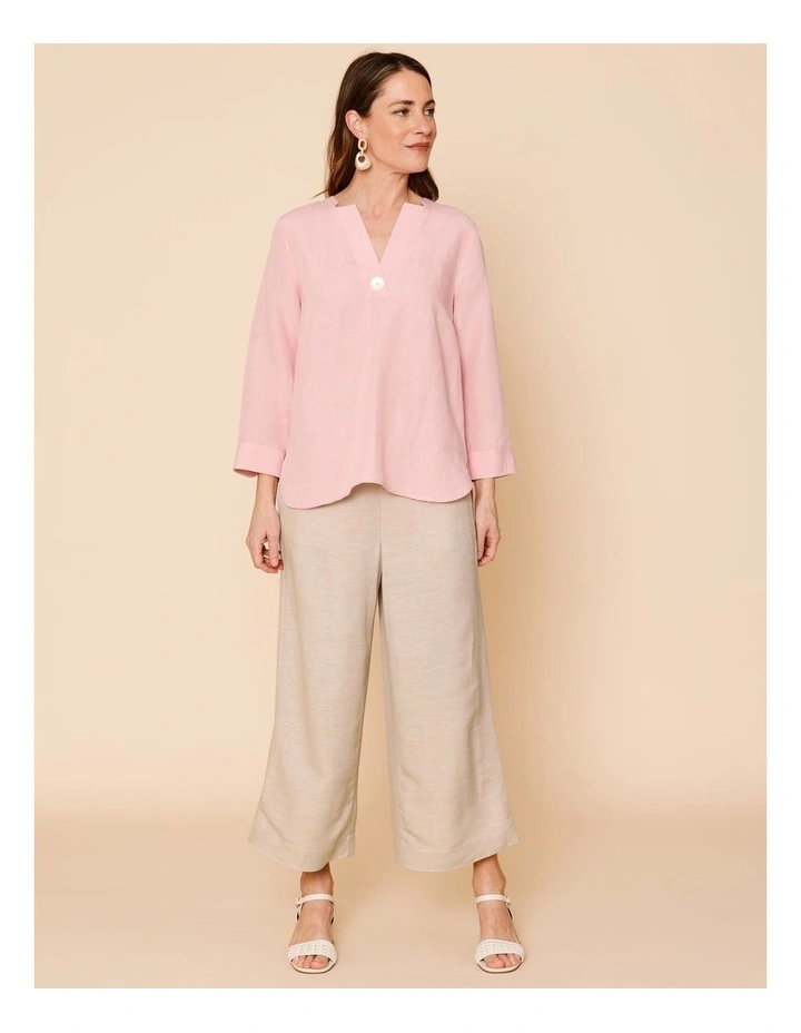 V Neck 3/4 Sleeve Top With Stand Collar In Powder Pink image 2