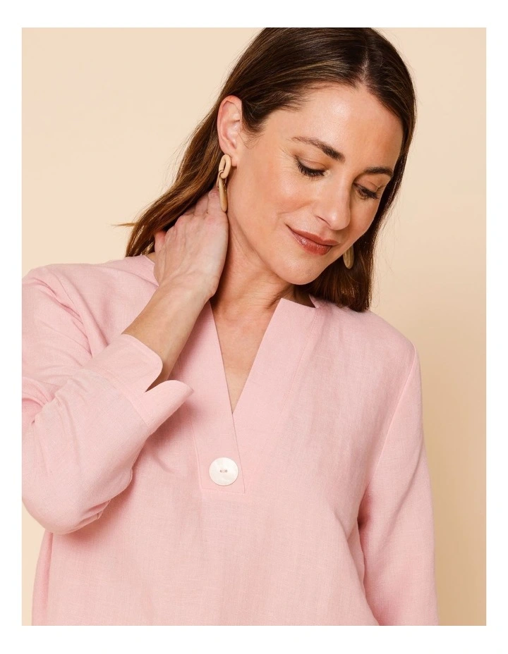 V Neck 3/4 Sleeve Top With Stand Collar In Powder Pink image 3