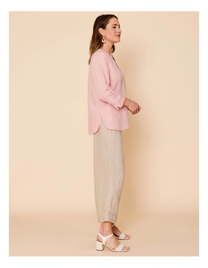 V Neck 3/4 Sleeve Top With Stand Collar In Powder Pink image 4