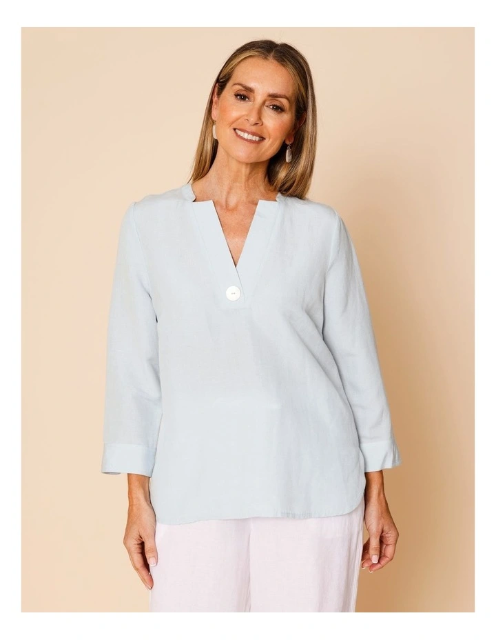 V Neck 3/4 Sleeve Top With Stand Collar In Barely Blue image 1