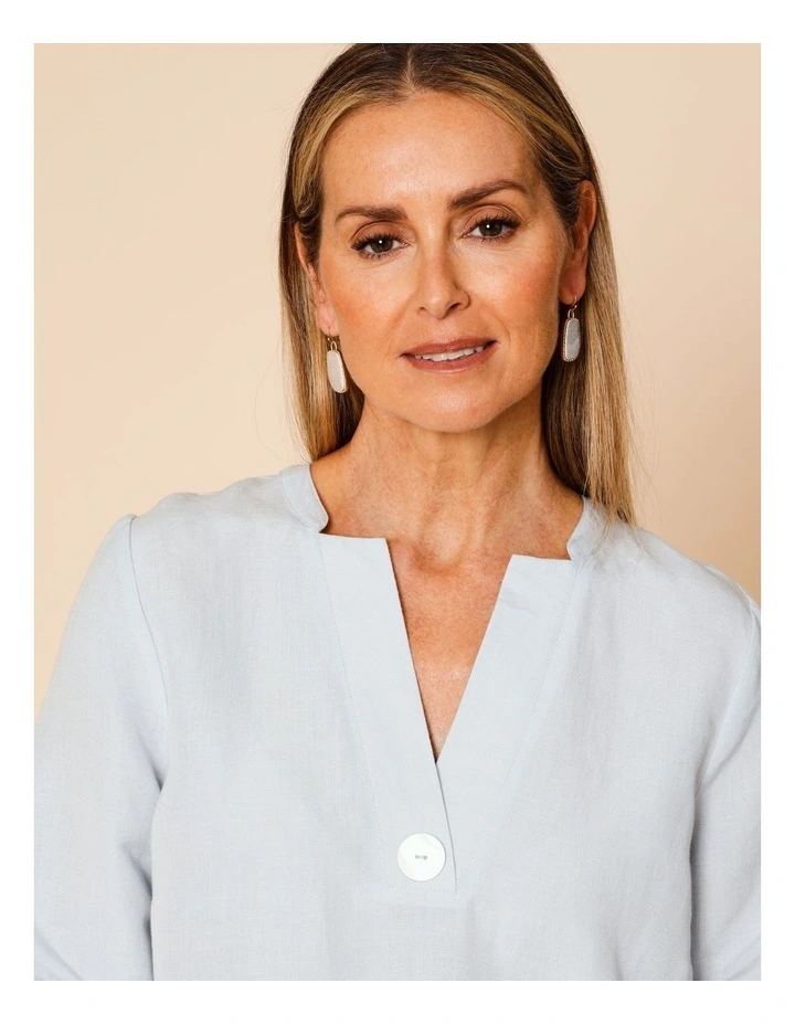 V Neck 3/4 Sleeve Top With Stand Collar In Barely Blue image 2