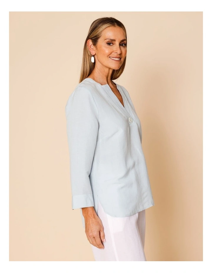 V Neck 3/4 Sleeve Top With Stand Collar In Barely Blue image 3