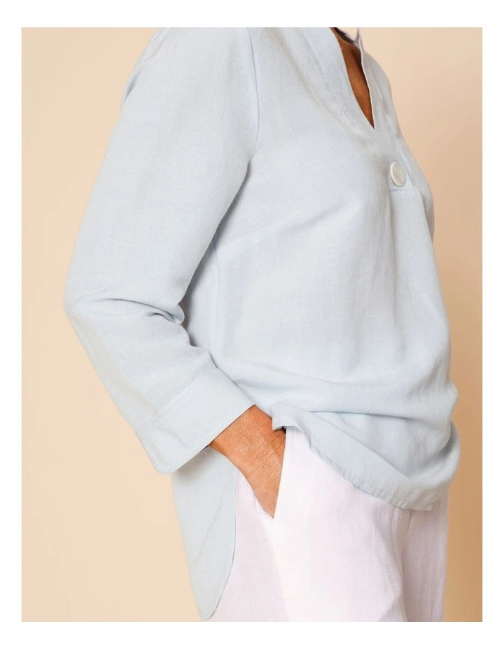 V Neck 3/4 Sleeve Top With Stand Collar In Barely Blue image 6