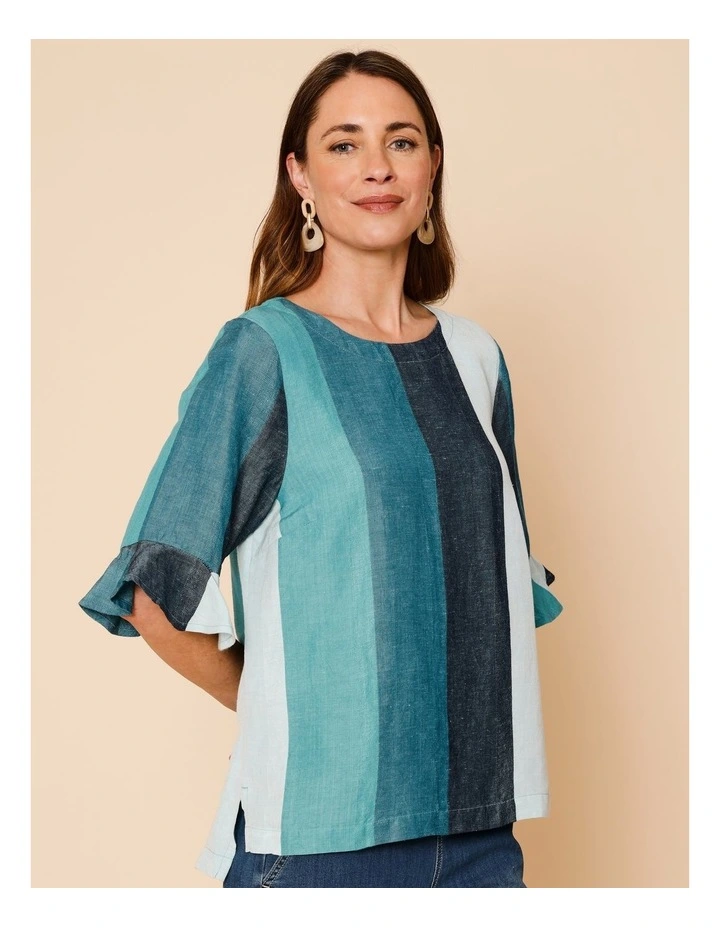 Fluted Sleeve Top In Blues/Teals Wide Stripe image 1