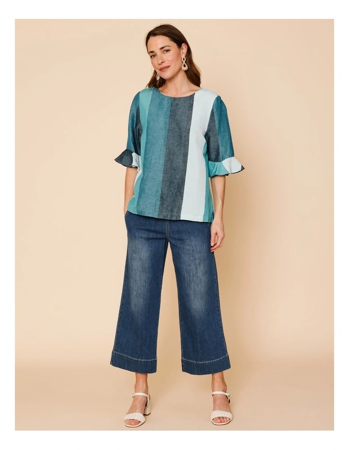 Fluted Sleeve Top In Blues/Teals Wide Stripe image 2
