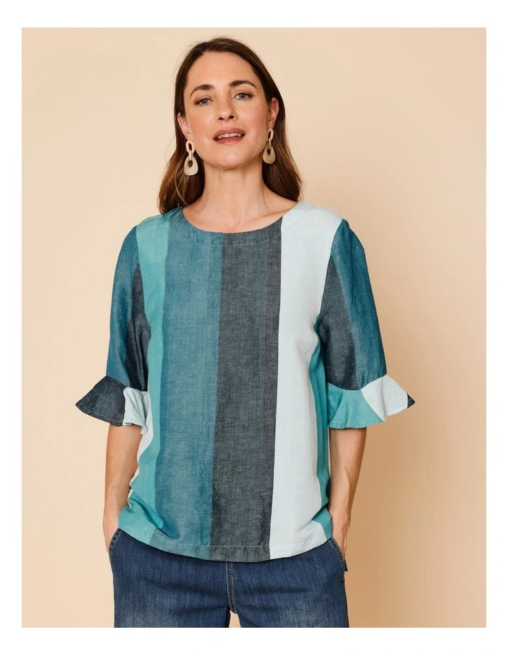 Fluted Sleeve Top In Blues/Teals Wide Stripe image 3