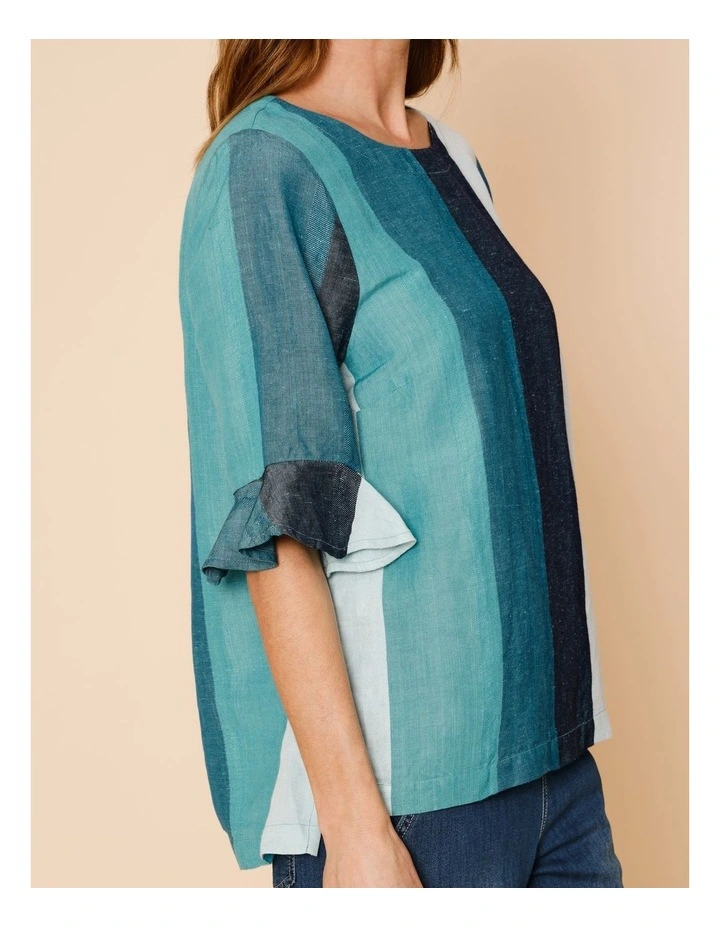 Fluted Sleeve Top In Blues/Teals Wide Stripe image 5
