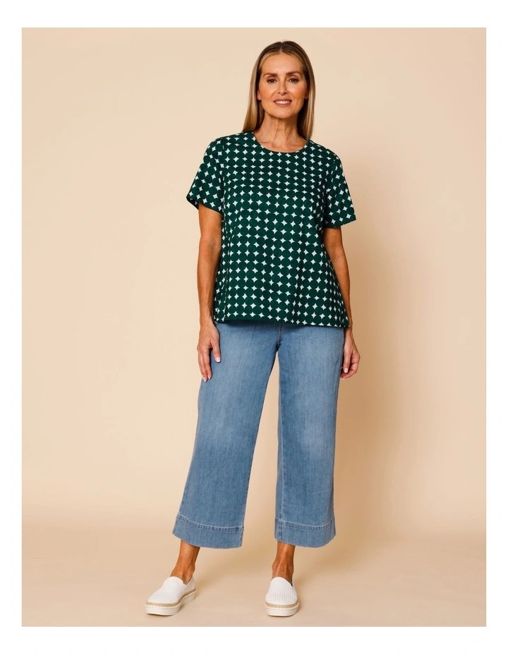 Short Sleeve Swing Hem Top With Round Pebble Print In Dark Green/White image 2