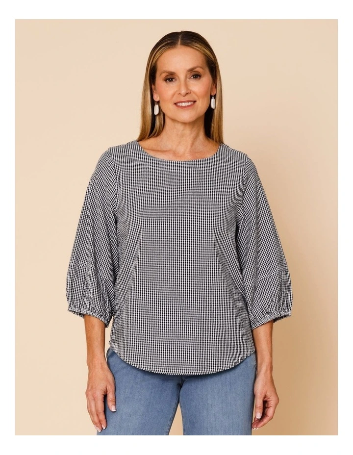 Lantern Sleeve Top In Black/White Mini Gingham image 1