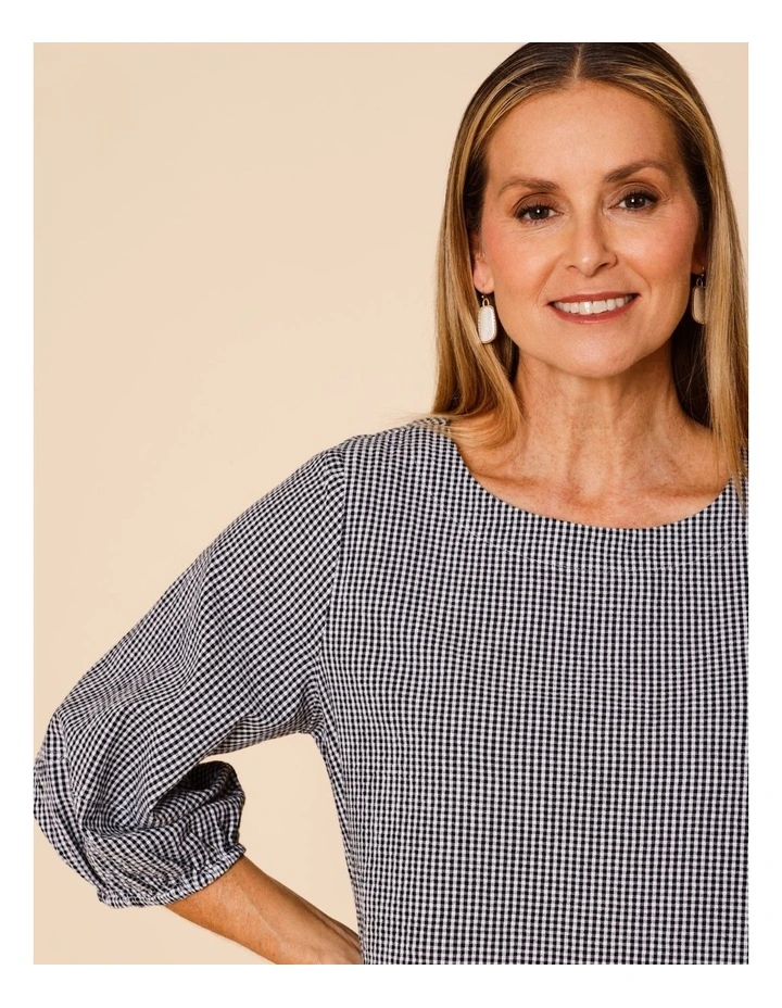 Lantern Sleeve Top In Black/White Mini Gingham image 4