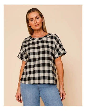 Extended Short Sleeve Gingham Top In Black/Light Stone