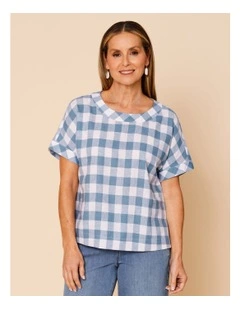 Extended Short Sleeve Gingham Top In Blue/White