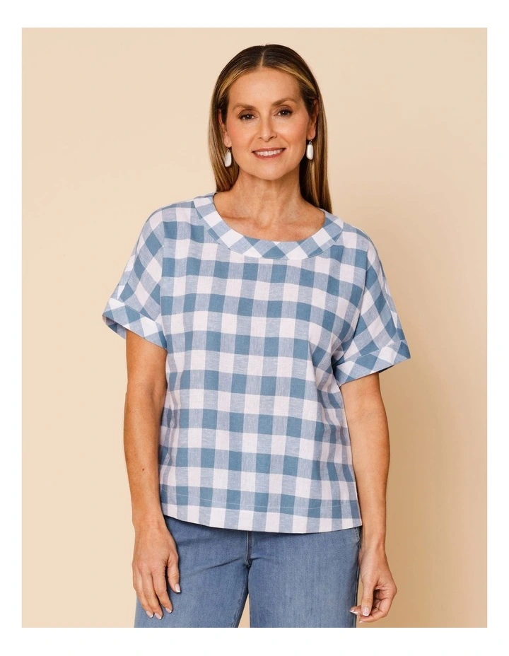 Extended Short Sleeve Gingham Top In Blue/White image 1