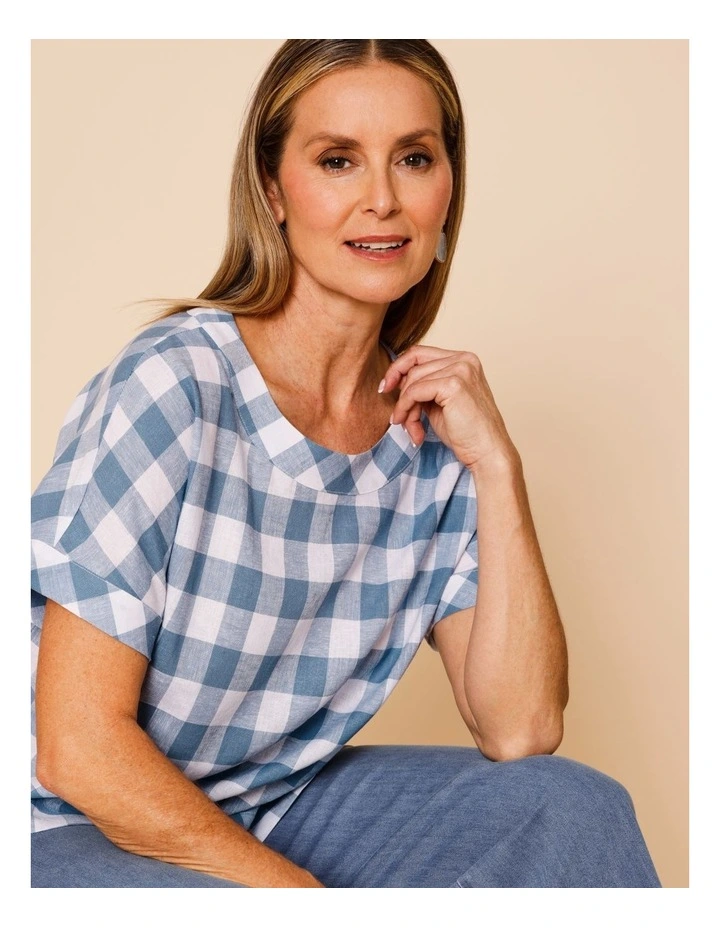 Extended Short Sleeve Gingham Top In Blue/White image 2