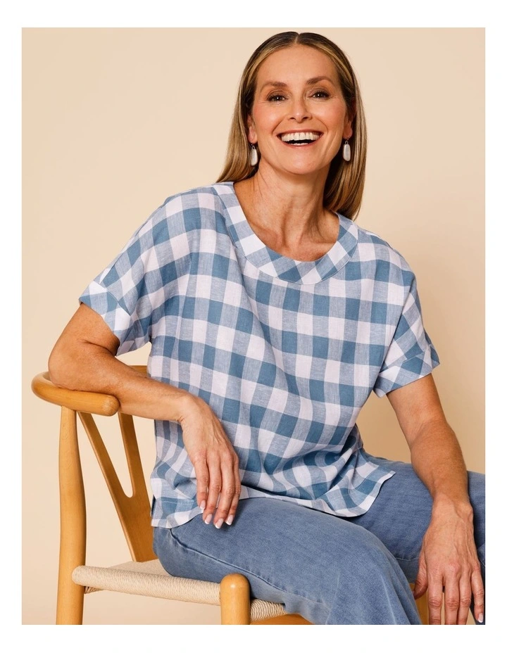 Extended Short Sleeve Gingham Top In Blue/White image 3
