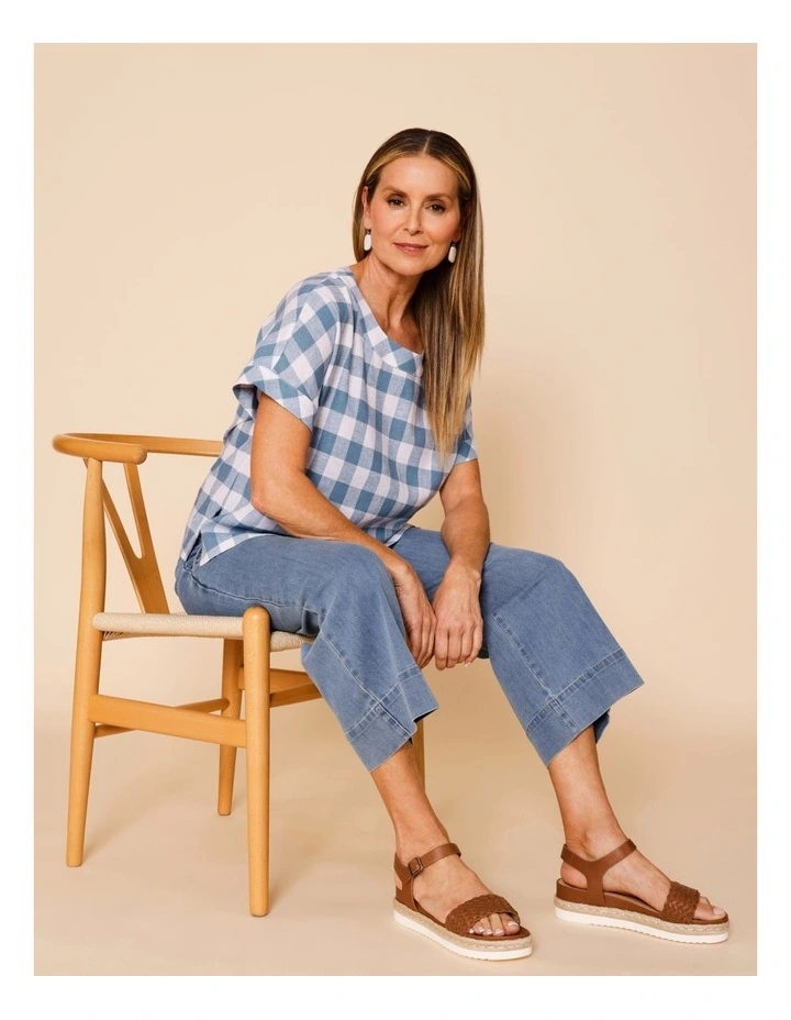 Extended Short Sleeve Gingham Top In Blue/White image 4