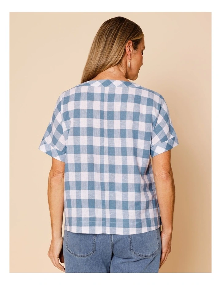 Extended Short Sleeve Gingham Top In Blue/White image 5