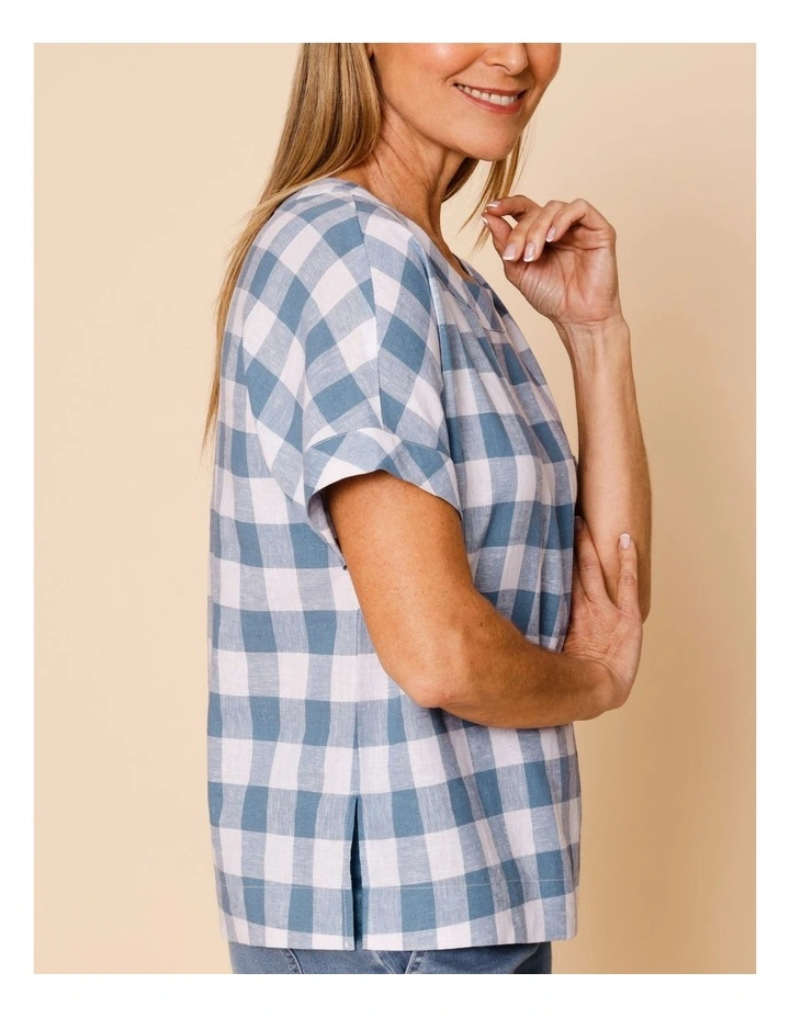 Extended Short Sleeve Gingham Top In Blue/White image 6