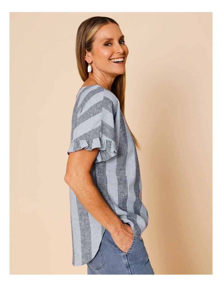 Frill Short Sleeve Vertical Stripe Top In Blues image 1
