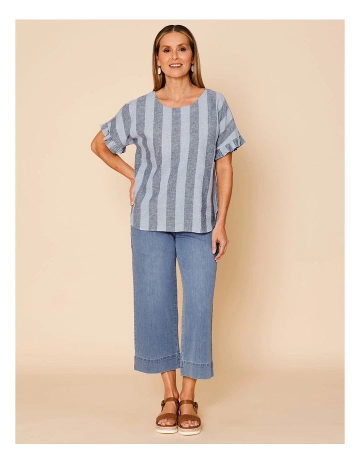 Frill Short Sleeve Vertical Stripe Top In Blues image 2