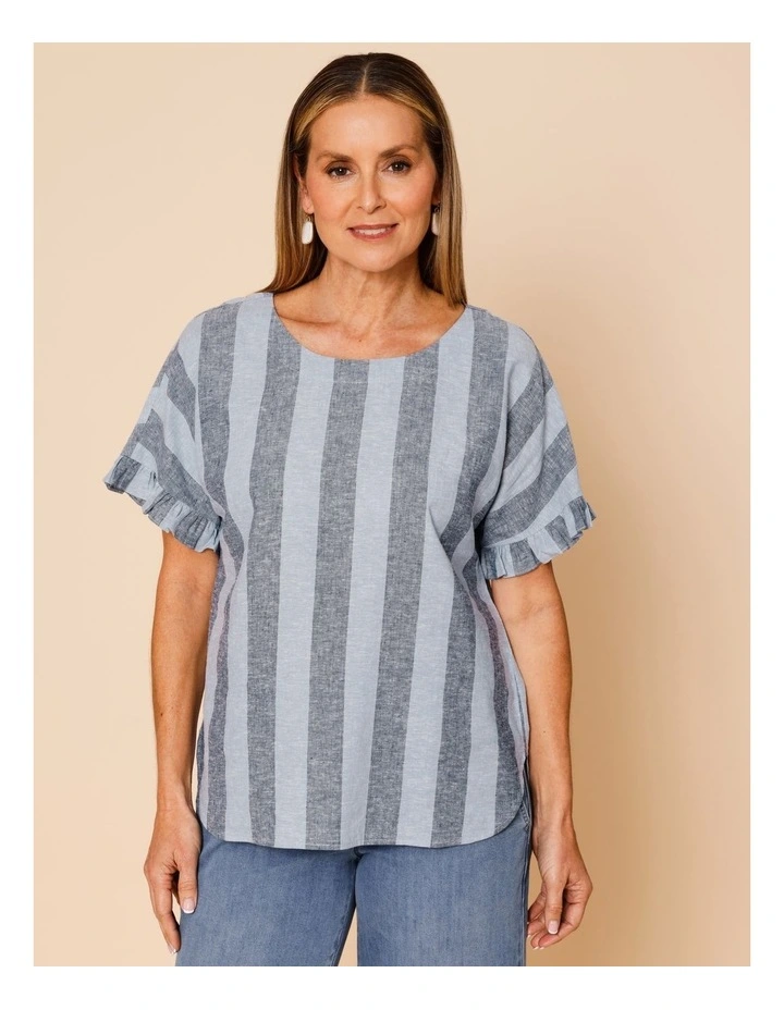 Frill Short Sleeve Vertical Stripe Top In Blues image 3